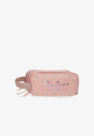 Estuche rectangular de tela rosa con doble cremallera, patrones de estrellas multicolores y bordado "Pepe Jeans London" en el frente, asa lateral.