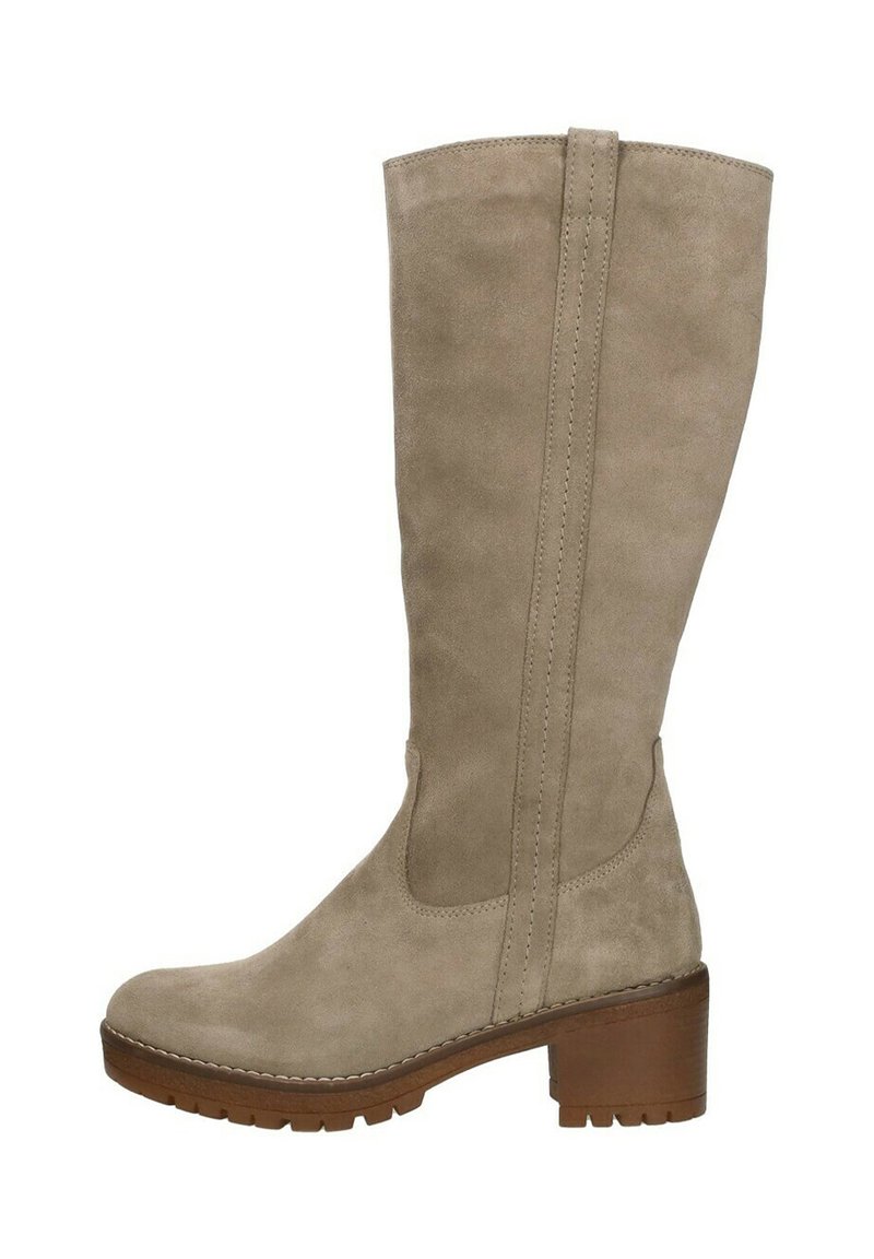 Knee-high taupe suede boots with a textured finish, rounded toe, and a chunkier wooden heel. Features side elastic panels for stretch.