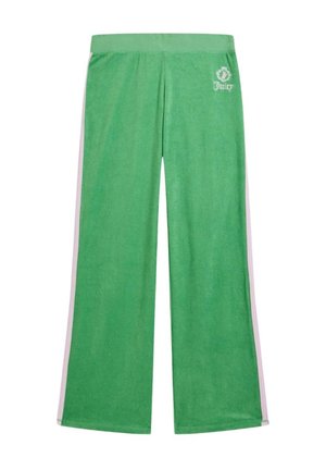 Groene veloursbroek met wijde pijpen, witte zijstrepen en een klein wit Juicy-logo op de bovenste linker dij.