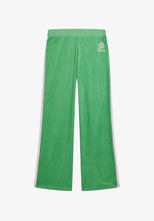 Groene veloursbroek met wijde pijpen, witte zijstrepen en een klein wit Juicy-logo op de bovenste linker dij.