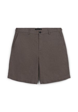 Pantaloni corti grigi in tessuto con fronte piatto, due tasche laterali e chiusura a bottone singolo. Texture liscia e design a taglio dritto.