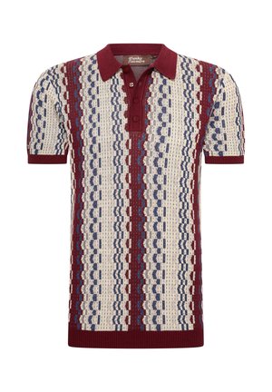 Short-sleeve polo shirt in cream, featuring maroon, blue, and navy geometric patterns, with a textured knit design and three-button collar.
