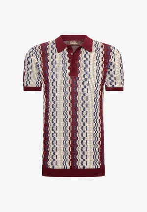 Kurzarm-Polohemd in Creme, mit geometrischen Mustern in Maroon, Blau und Marineblau, einem strukturierten Strickdesign und einem Kragen mit drei Knöpfen.