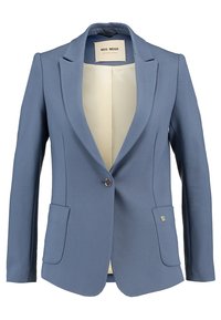 Jasnoniebieska marynarka z wykładanym kołnierzem, zapięciem na jeden guzik, dwiema przednimi kieszeniami i satynowym wykończeniem wnętrza.