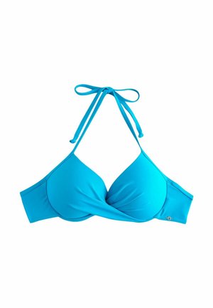 Sära sinine kaelusega bikiinitops vormitud korvidega ja esipaneelil keerukujundusega, esitatud valgel taustal.