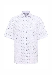 Korte mouwen witte blouse met blauwe patronen, voorzien van een knoopsluiting en een borstzak. Gemaakt van gladde stof met een klassieke kraag.