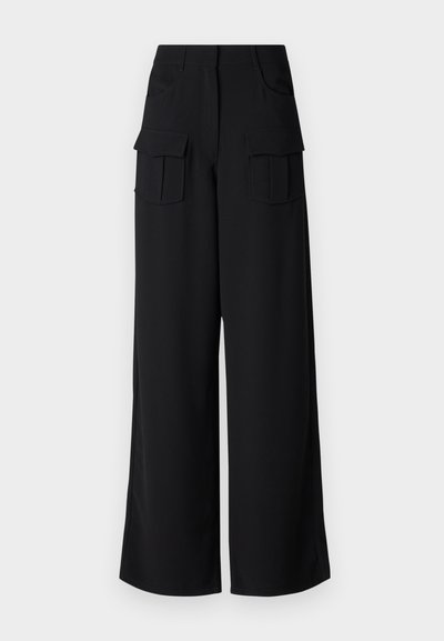 Black wide-leg cargo pants with a smooth texture, featuring two front pockets and two large cargo pockets on the sides.