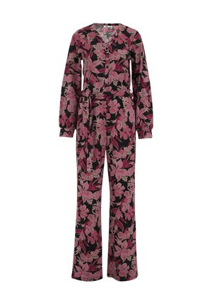 Floral jumpsuit in dark fabric, featuring a V-neck, long sleeves, elastic waist, and wide legs with pink and red floral patterns.