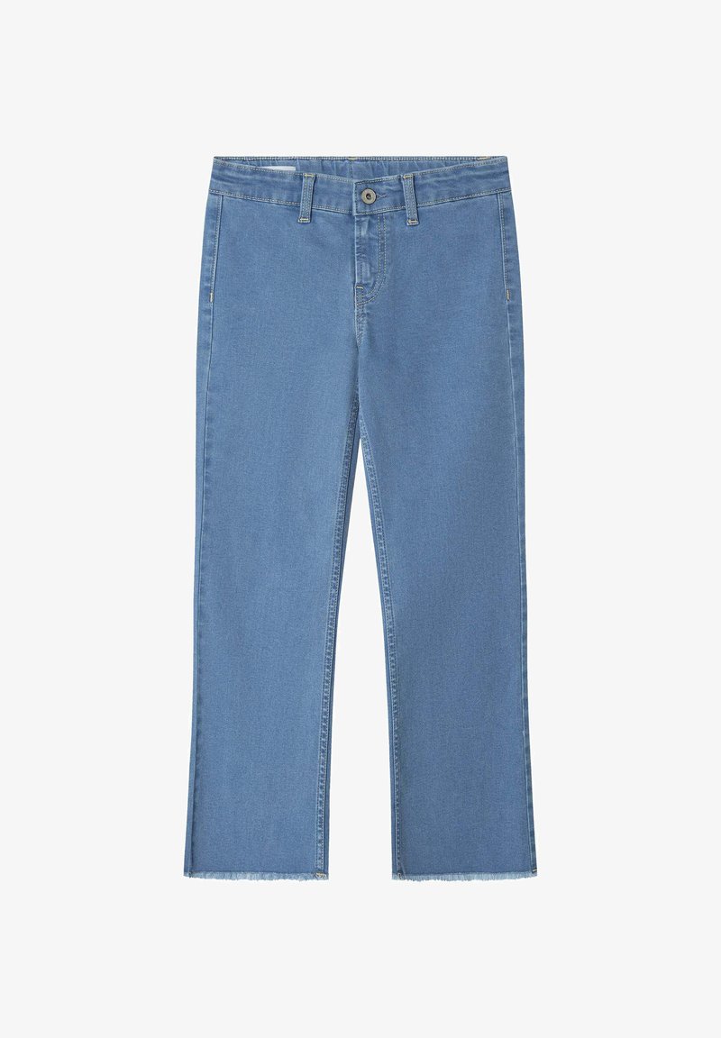 Svijetloplave traperice s ravnim krojem, istrošenim rubom i kontrastnim šavovima. Klasičan dizajn s pet džepova s prednjim zatvaranjem na gumb.