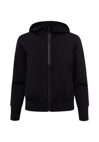 Felpa nera con zip, cappuccio, polsini e orlo a costine. Tessuto dalla superficie liscia e design minimalista senza motivi o logo visibili.