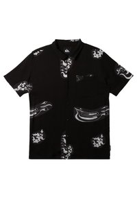 Camisa de manga corta negra con patrones abstractos grises, un bolsillo en el pecho y cuello con botones. Fabricada con una tela ligera.