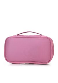 Růžová obdélníková kosmetická taška s texturovaným povrchem, zipovým uzávěrem a horním madlem pro snadné přenášení.
