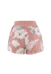 Roze bloemen shorts gemaakt van zachte stof, met een geplooide tailleband en een ontwerp met grote witte en lichtblauwe bloemen.