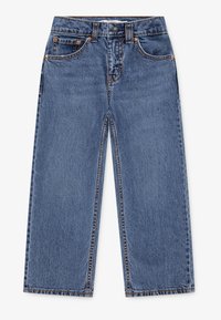 Modré džínsy z denimu so širokými nohavicami, s vysokým pásom, dizajnom s piatimi vreckami, medeným prešitím a kovovým zapínaním na gombík.