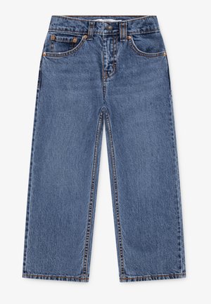 Sinised teksapüksid laiade säärtega, kõrge vöökohaga, viiepunktilise disainiga, vaseõmblustega ja metallist nööbiga kinnitusega.