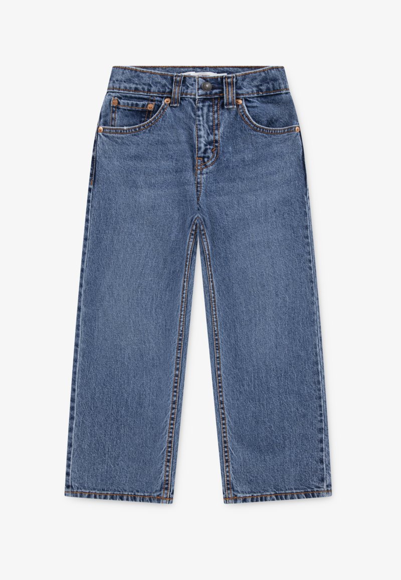 Modré džínsy z denimu so širokými nohavicami, s vysokým pásom, dizajnom s piatimi vreckami, medeným prešitím a kovovým zapínaním na gombík.