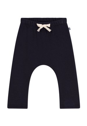 Pantalon bébé bleu marine avec taille élastique et nœud coulissant beige, fabriqué en tissu doux pour un port confortable.