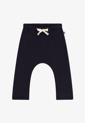 Pantalon bébé bleu marine avec taille élastique et nœud coulissant beige, fabriqué en tissu doux pour un port confortable.