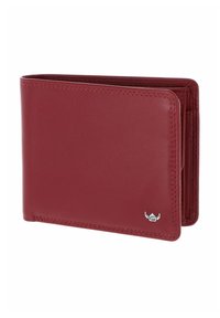 Portefeuille pliable en cuir rouge avec coutures visibles et petit logo argenté dans le coin inférieur droit, sur fond blanc.
