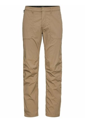 Khakifarbene Outdoor-Hosen aus leichtem, strapazierfähigem Stoff mit geradem Schnitt, ausgestattet mit zwei vorderen Taschen und Reißverschlussdetails.