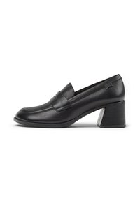 Black leather women's loafer with block heel, rounded toe, and a strap detail across the top.
