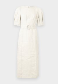 Linjamiidi mekko vaaleassa beessissä, jossa on lyhyet puffihihat, vyötärölle laitettava vyö ja takana vetoketju. Silkkinen pinta, minimalistinen muotoilu.