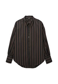 Chemise noire à rayures avec des rayures verticales rouges, vertes et beiges. Elle possède un col classique, des boutons à l'avant et des manches longues avec des poignets.