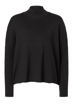 Zwarte gebreide coltrui met een ontspannen pasvorm, voorzien van geribbelde details op de mouwen en het lichaam voor textuur en warmte.