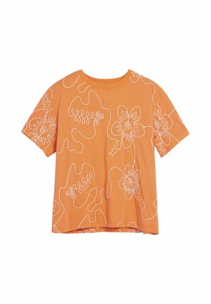 Orangefarbenes T-Shirt mit kurzen Ärmeln und weißen durchgehenden Linienmustern aus Blumen und abstrakten Formen auf Vorderseite und Ärmeln.