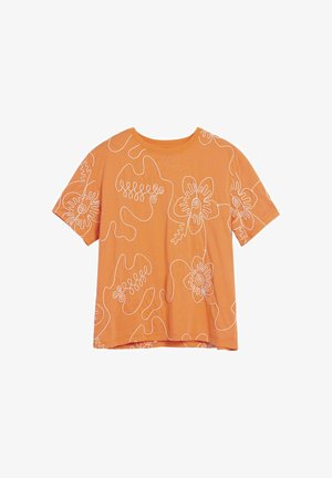 Orangefarbenes T-Shirt mit kurzen Ärmeln und weißen durchgehenden Linienmustern aus Blumen und abstrakten Formen auf Vorderseite und Ärmeln.