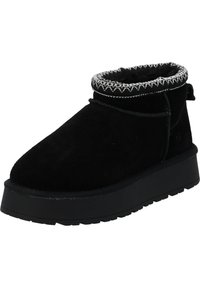 Stivaletti in suede neri alla caviglia con punta rotonda e suola esterna nera texturizzata. Presentano un morbido colletto in peluche con dettagli di cucitura grigia.