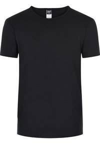 Sort bomulds T-shirt med rund halsudskæring, korte ærmer og lige kant. Ingen mønstre eller udsmykninger synlige.