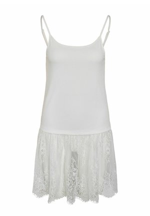 Biele šaty bez rukávov s tenkými ramienkami a čipkovanou sukňou s kvetinovým vzorom a vlnitými okrajmi.