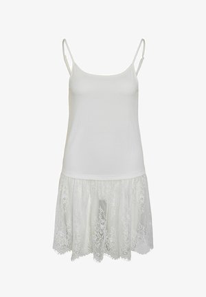 Biele šaty bez rukávov s tenkými ramienkami a čipkovanou sukňou s kvetinovým vzorom a vlnitými okrajmi.