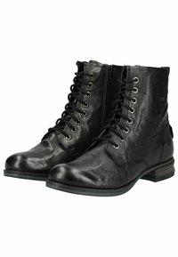 Bottes noires en cuir à hauteur de cheville avec une finition lisse, bout rond, lacets à l'avant, fermeture éclair sur le côté et un petit talon empilé.