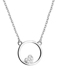 Collana d'argento con un pendente circolare e una piccola forma a cuore riempita di pietre scintillanti. La catena ha un design a maglie tradizionale.