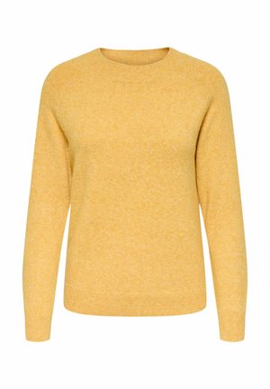 Pull jaune en tricot, fabriqué dans un matériau doux, avec un col rond, des manches longues et des bords côtelés aux manches et à l'ourlet. Fini texturé et uniforme.