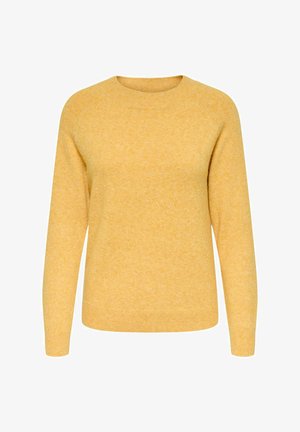 Gelber Pullover aus weichem Material, mit Rundhalsausschnitt, langen Ärmeln und gerippten Bündchen und Saum. Strukturierte, gleichmäßige Oberfläche.