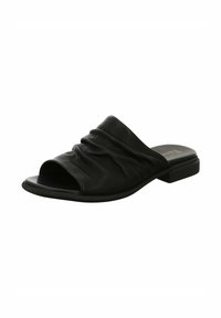 Sandale à glissière en cuir noir avec un design froncé, bout ouvert et un petit talon bloc. Texture lisse et esthétique minimaliste.