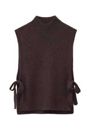 Dunkelbrauner gestrickter ärmelloser Sweater-Westen mit geripptem Stehkragen und seitlichen Bindebändern.