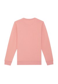 Rosa Baumwoll-Sweatshirt, Rundhalsausschnitt, lange Ärmel, gerippte Bündchen und Saum, glatte Textur, einfaches Design, ohne Muster oder zusätzliche Details.