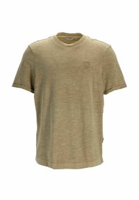 T-shirt beige à manches courtes col rond, avec un petit logo carré sur la partie supérieure gauche de la poitrine et une texture chinée subtile.