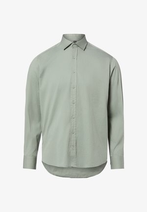 Long-sleeve, light gray button-up shirt with pointed collar and curved hem, displayed against a white background.