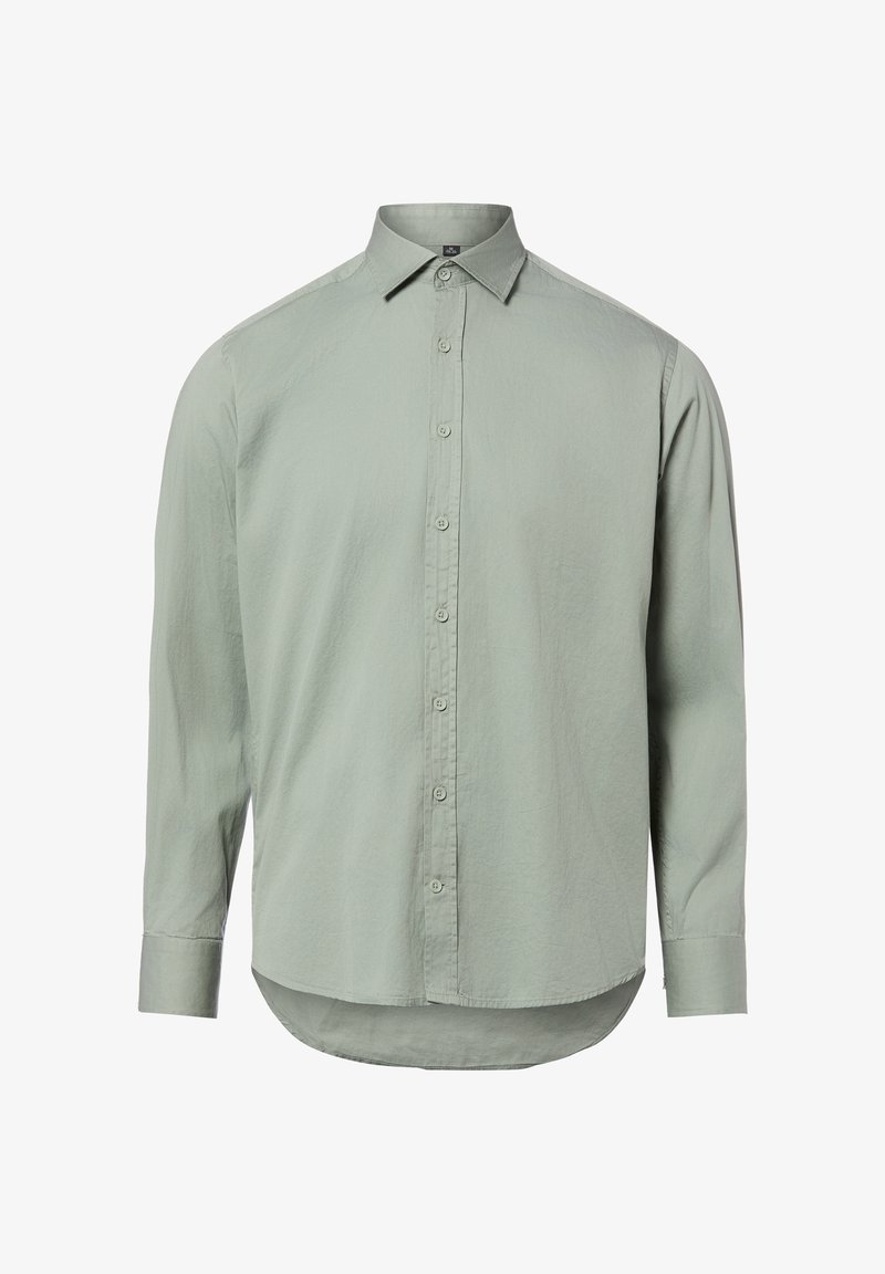 Lichtgrijs overhemd met lange mouwen, knoopsluiting, puntkraag en afgeronde zoom, getoond tegen een witte achtergrond.