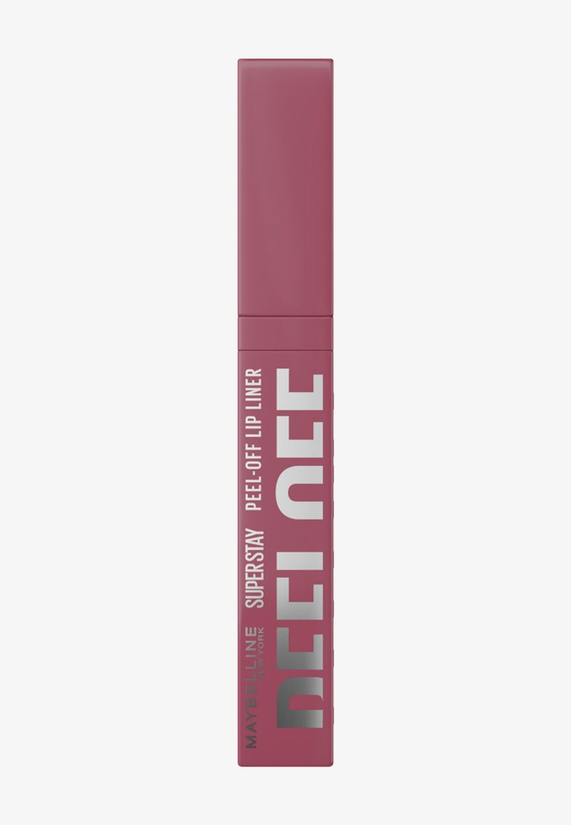 Tubetto rettangolare mauve per matita labbra con etichetta "Maybelline Superstay Peel-Off Lip Liner Definee" su sfondo semplice.