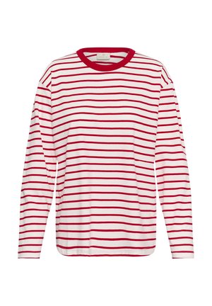 T-shirt à manches longues avec des rayures horizontales rouges et blanches, col rond avec bordure rouge, et coupe décontractée. Texture de tissu doux.