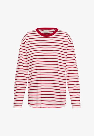 T-shirt à manches longues avec des rayures horizontales rouges et blanches, col rond avec bordure rouge, et coupe décontractée. Texture de tissu doux.