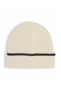 Berretto lavorato a maglia in off-white con banda scura. Presenta una texture a coste e una forma arrotondata, ideale per calore e comfort nelle temperature più fredde.