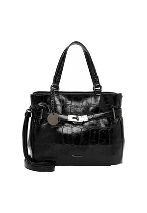 Sac à main en cuir embossé crocodile noir avec double anse, fermeture à boucle argentée, chaîne avec pendentif rond marqué et bandoulière amovible.