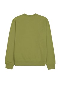 Sweat-shirt vert, col rond, manches longues et poignets côtelés. Tissu doux avec une finition uni et sans marque ni motifs visibles.